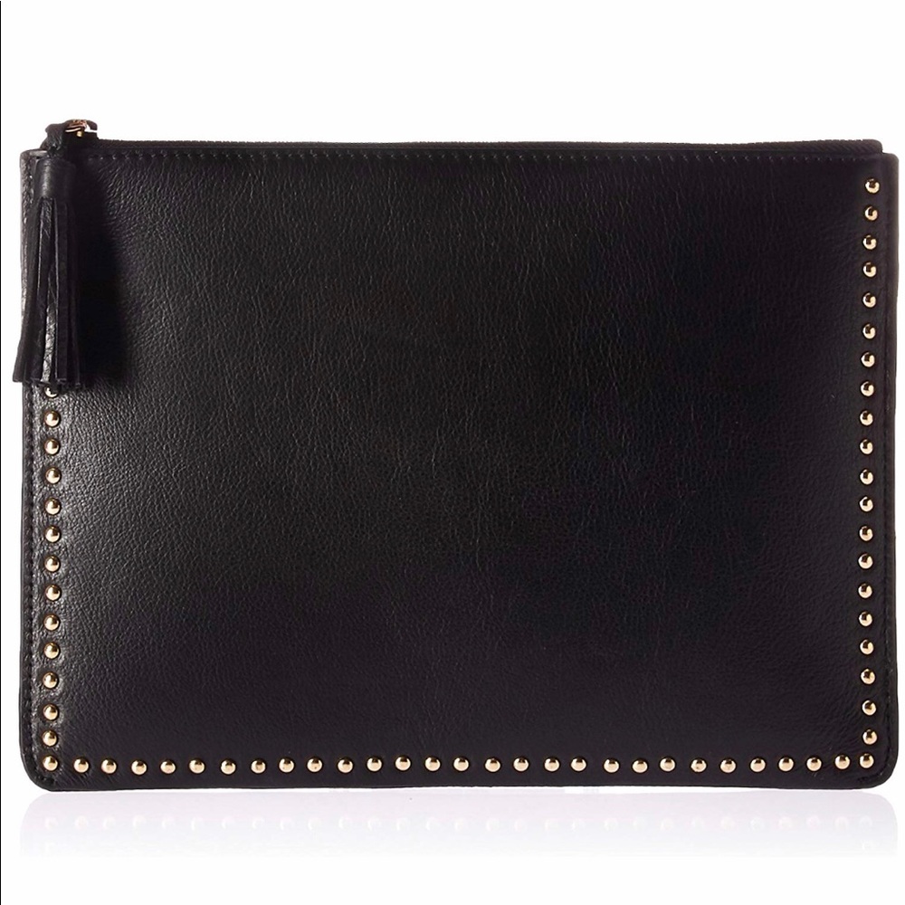 Black leather clutch with tassel and gold studs.